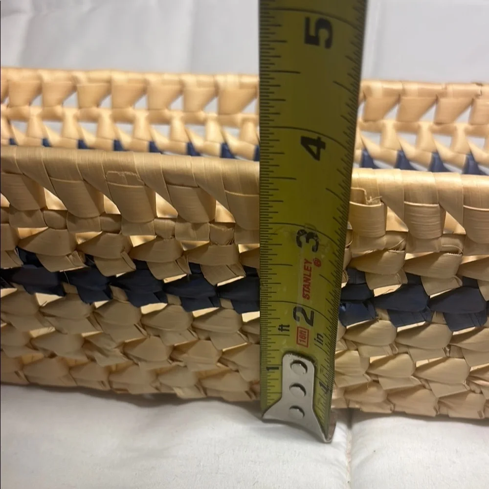 Woven Rectangular Basket with Ceramic Blue and White  Handles